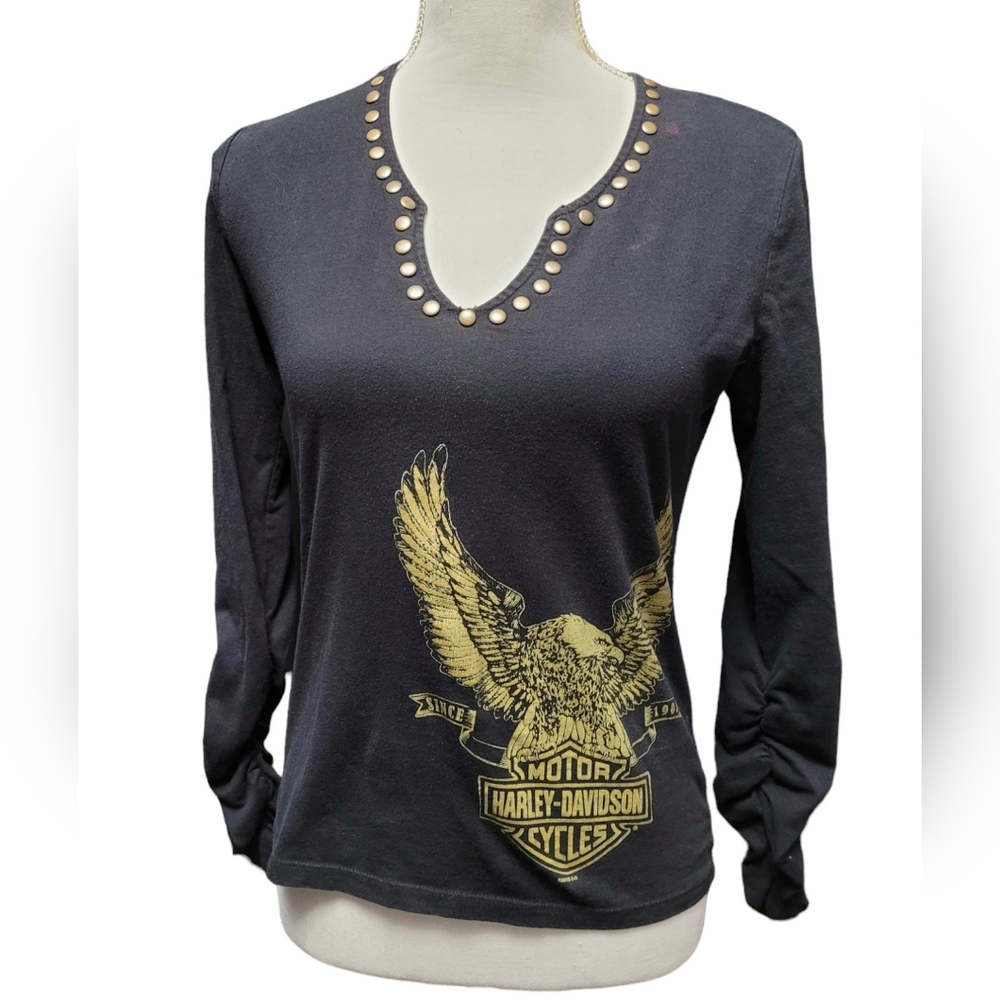 Harley Davidson long sleeved graphic t-shirt with metallic grommet trim